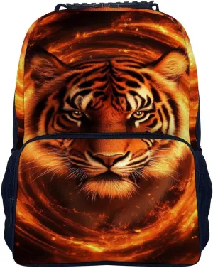 Supdreamc Men & Women Polyester Wild Angry Animal King Fire Flame Tiger Backpack Large Capacity Bookbag With Smooth Zippers for Climbing Picnic Bicycle