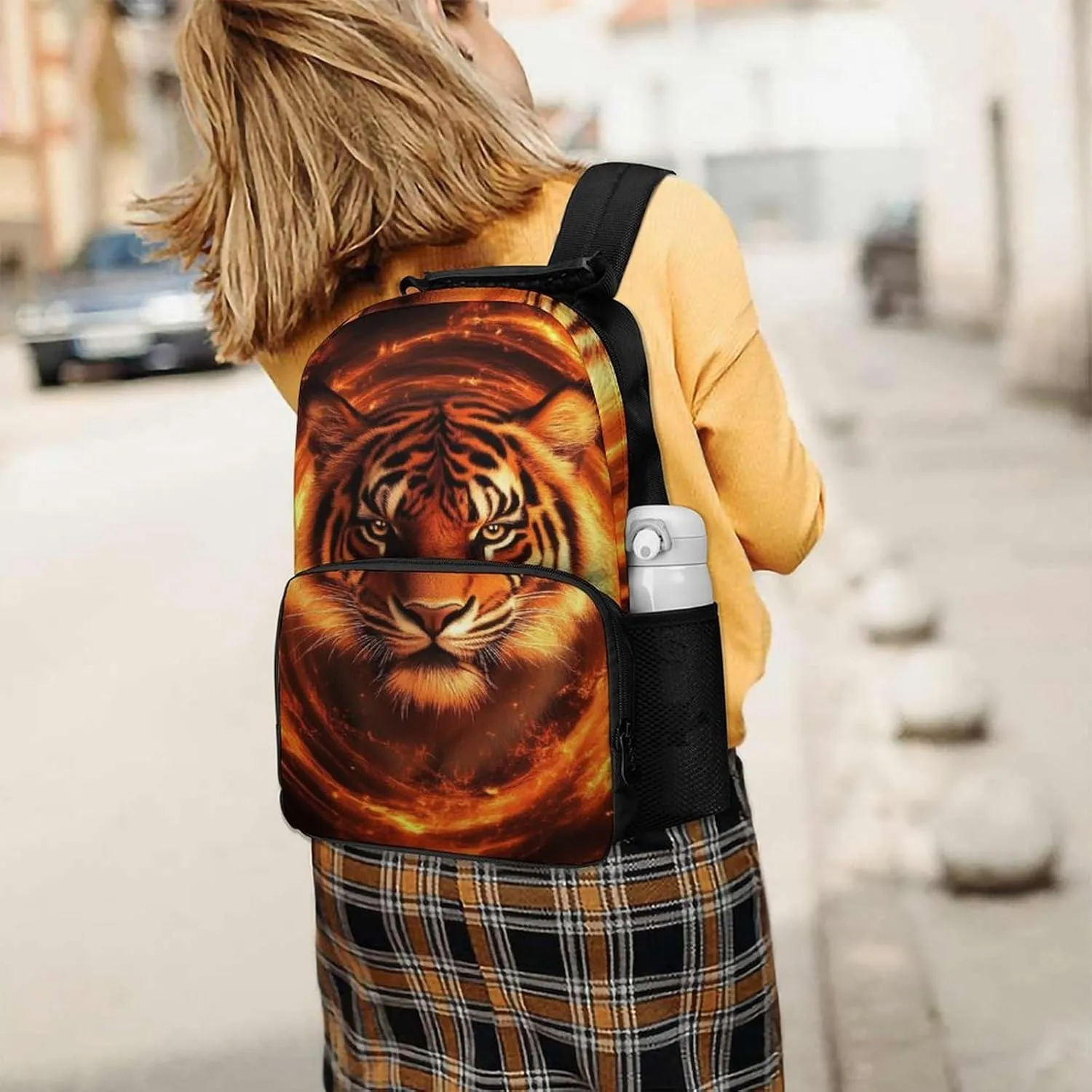 Supdreamc Men & Women Polyester Wild Angry Animal King Fire Flame Tiger Backpack Large Capacity Bookbag With Smooth Zippers for Climbing Picnic Bicycle