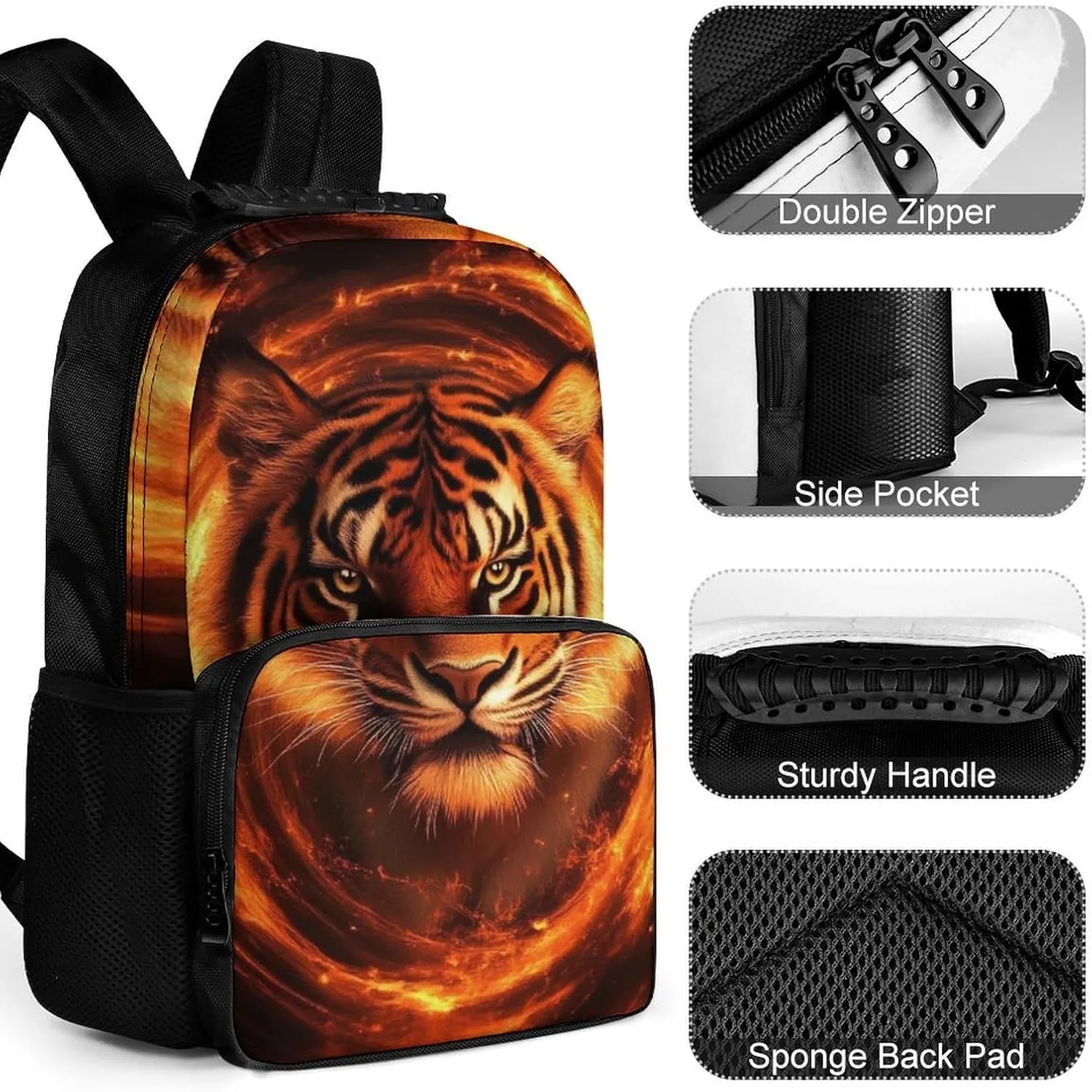 Supdreamc Men & Women Polyester Wild Angry Animal King Fire Flame Tiger Backpack Large Capacity Bookbag With Smooth Zippers for Climbing Picnic Bicycle