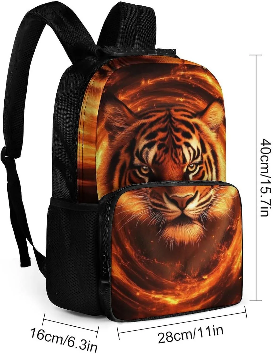 Supdreamc Men & Women Polyester Wild Angry Animal King Fire Flame Tiger Backpack Large Capacity Bookbag With Smooth Zippers for Climbing Picnic Bicycle