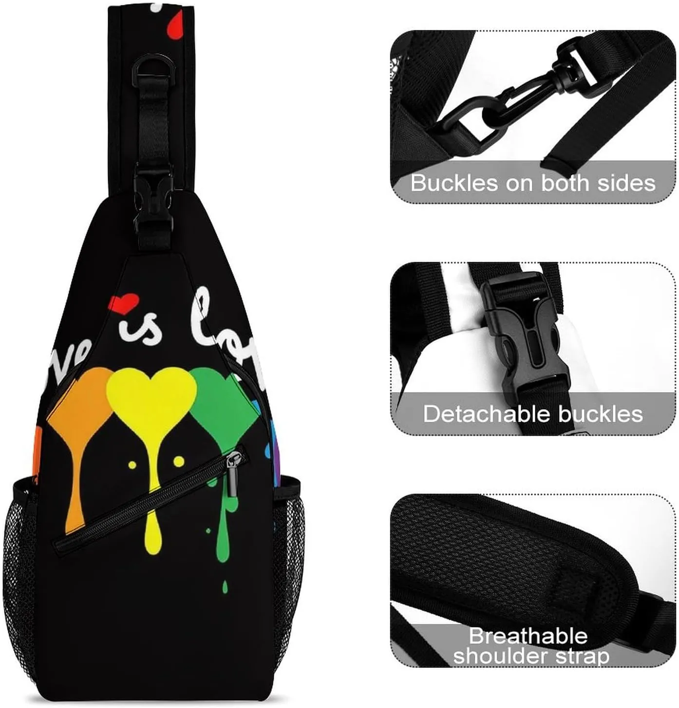 Supdreamc Men & Women Sling Backpack Casual Carrying Tote Case Crossbody Travel Bag - Multipurpose Anti-Theft Tote Bags, Lgbt Pride Rainbow Heart Love Is Love Small Crossbody Chest Rucksack
