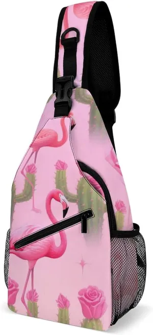 Supdreamc Men & Women Sling Backpack Outdoor Sport Daypack Travel Bag - Multipurpose Anti-Theft Carry On Bag, Breathable Chest Sling Shoulder Backpacks Bags, Tropical Pink Flamingo Flowers Cactus Art