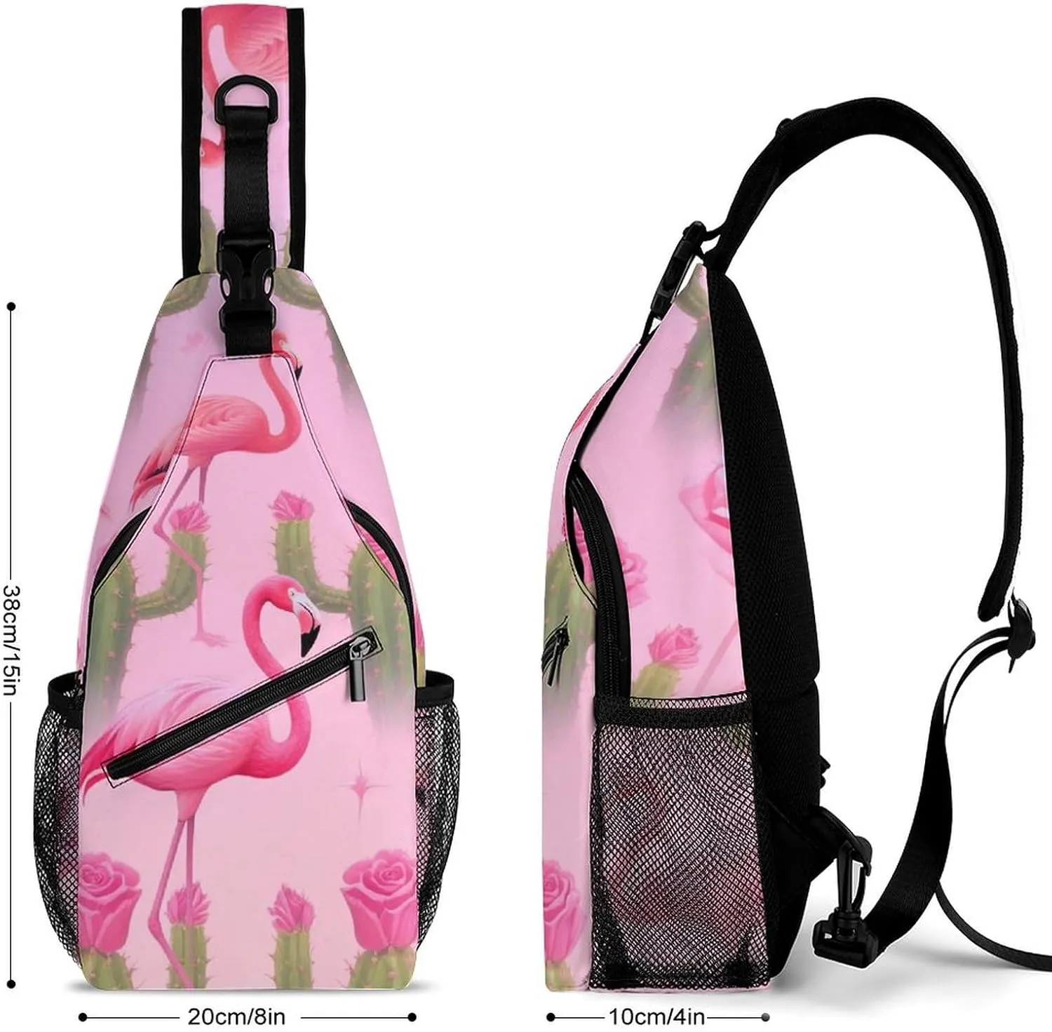 Supdreamc Men & Women Sling Backpack Outdoor Sport Daypack Travel Bag - Multipurpose Anti-Theft Carry On Bag, Breathable Chest Sling Shoulder Backpacks Bags, Tropical Pink Flamingo Flowers Cactus Art