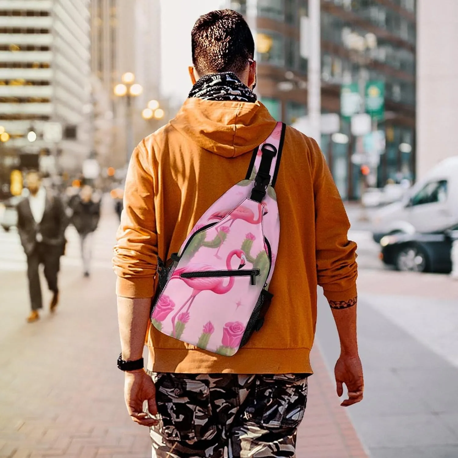 Supdreamc Men & Women Sling Backpack Outdoor Sport Daypack Travel Bag - Multipurpose Anti-Theft Carry On Bag, Breathable Chest Sling Shoulder Backpacks Bags, Tropical Pink Flamingo Flowers Cactus Art