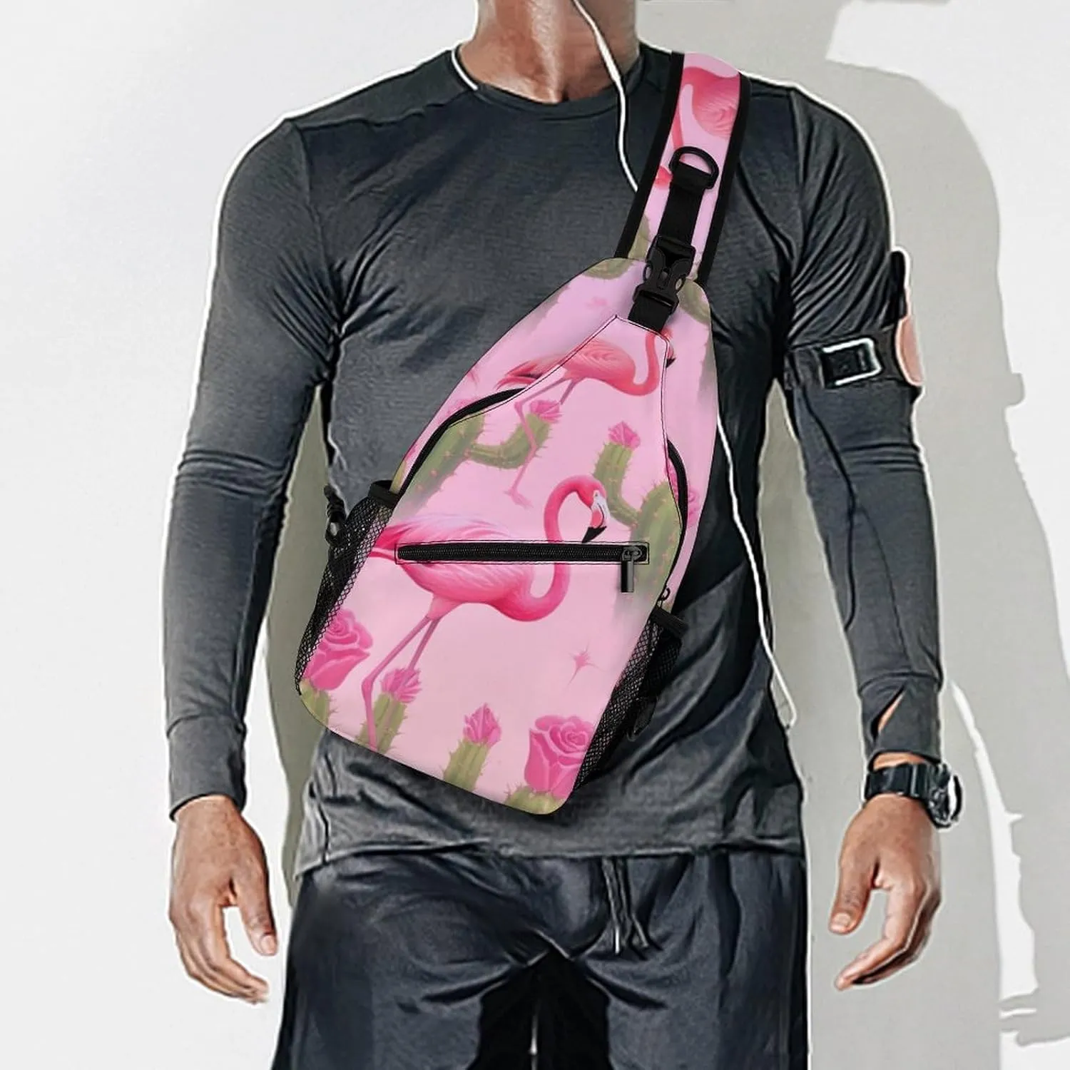Supdreamc Men & Women Sling Backpack Outdoor Sport Daypack Travel Bag - Multipurpose Anti-Theft Carry On Bag, Breathable Chest Sling Shoulder Backpacks Bags, Tropical Pink Flamingo Flowers Cactus Art