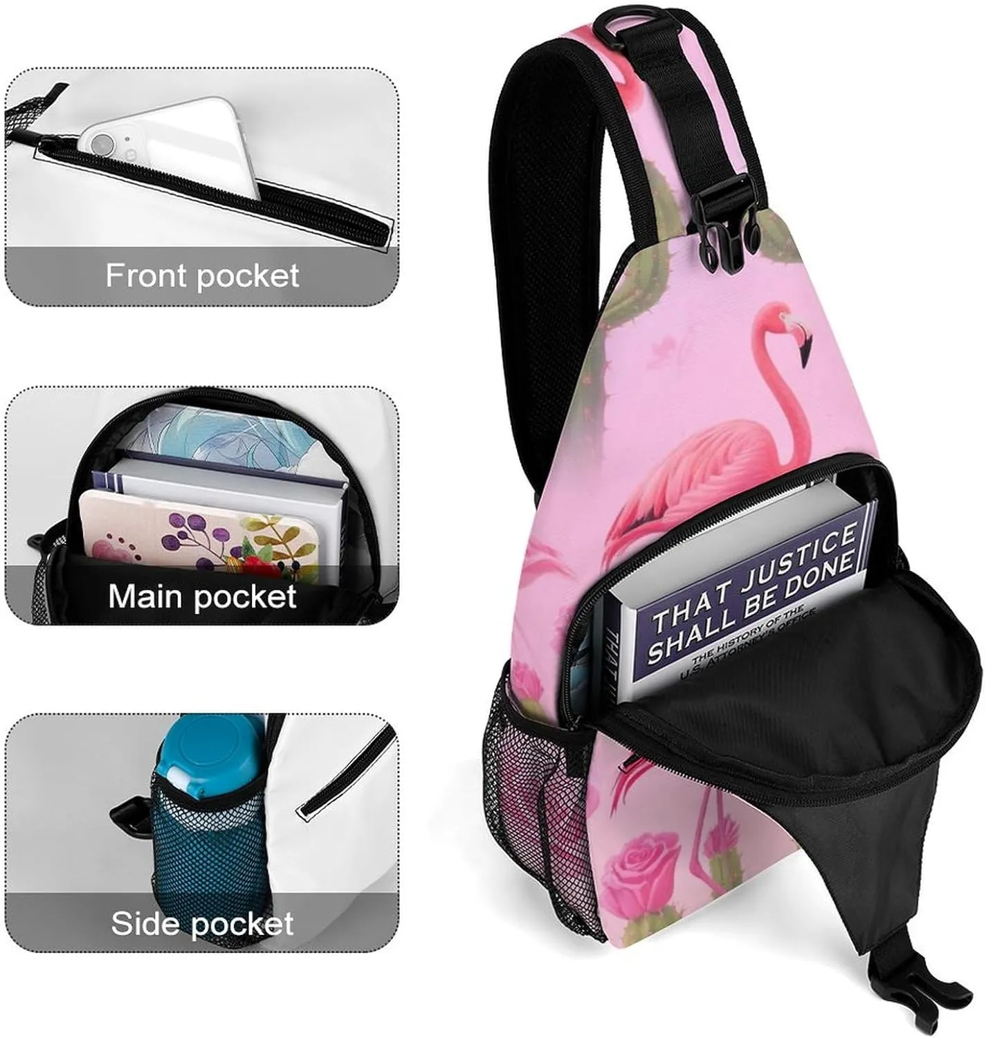 Supdreamc Men & Women Sling Backpack Outdoor Sport Daypack Travel Bag - Multipurpose Anti-Theft Carry On Bag, Breathable Chest Sling Shoulder Backpacks Bags, Tropical Pink Flamingo Flowers Cactus Art