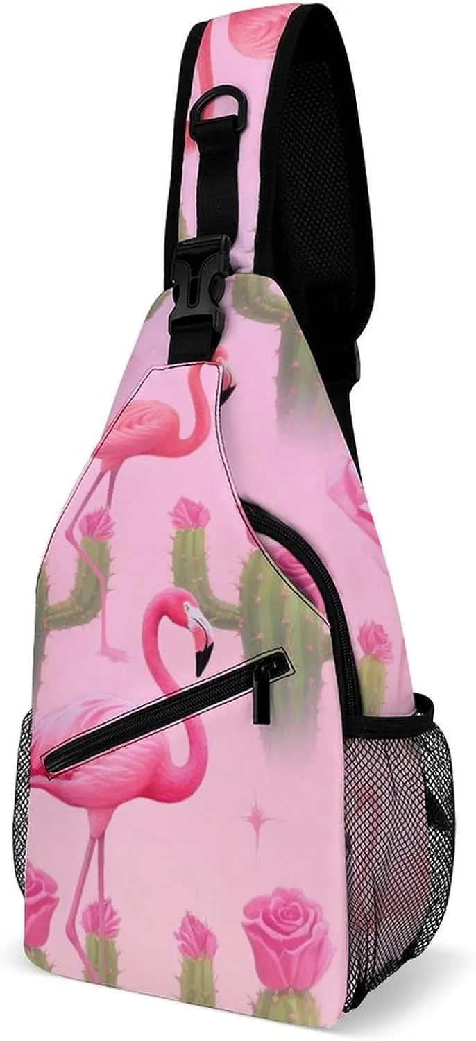 Supdreamc Men & Women Sling Backpack Outdoor Sport Daypack Travel Bag - Multipurpose Anti-Theft Carry On Bag, Breathable Chest Sling Shoulder Backpacks Bags, Tropical Pink Flamingo Flowers Cactus Art