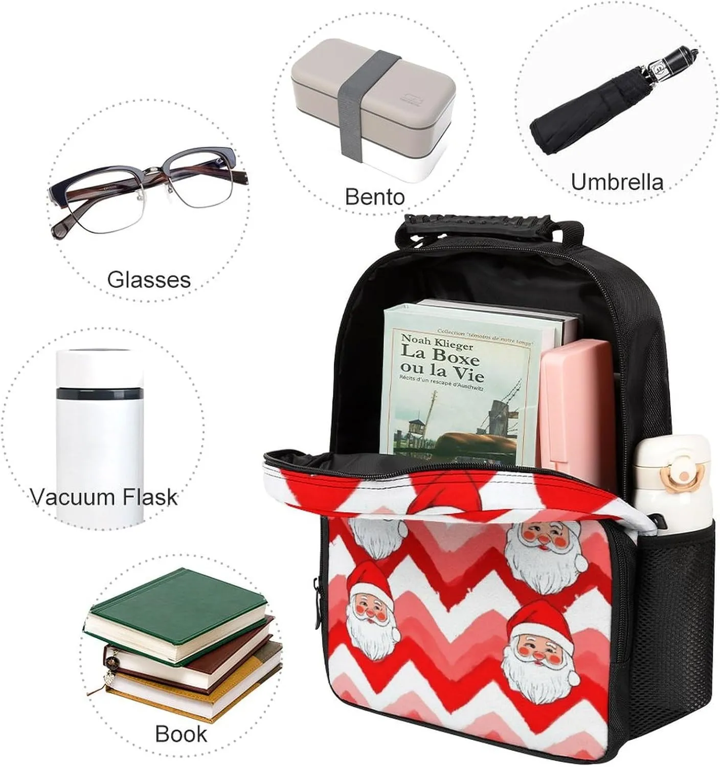 Supdreamc Men Women Lightweight Christmas Santa Claus Red Daypack Bookbag Big Capacity Carry On Bag With Side Pockets for Camping Travel Bicycle