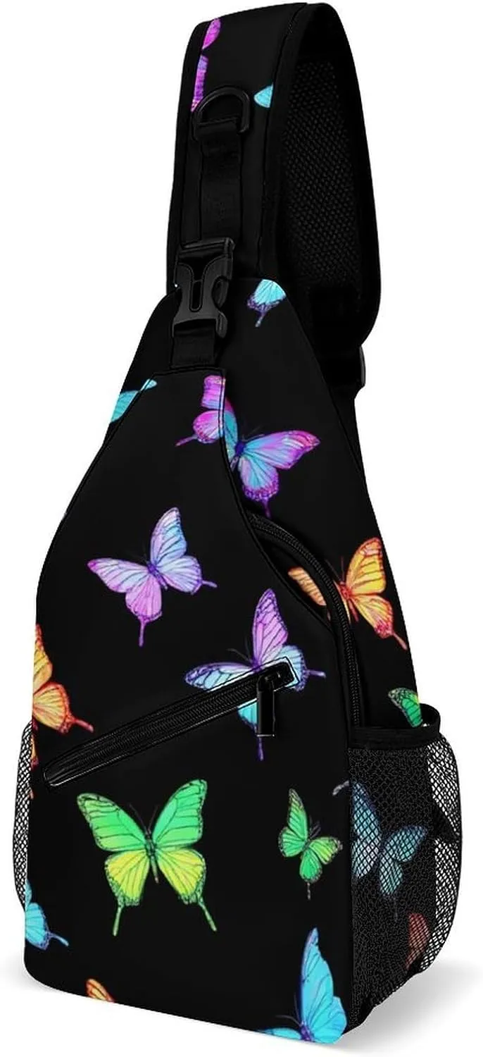 Supdreamc Sling Backpack for Women Men Anti-Theft Multipurpose Gym Crossbody Sack Satchel Outdoor Hiking Bag Tote Bags, Black Colorful Monarch Butterfly Crossbody Chest Rucksack