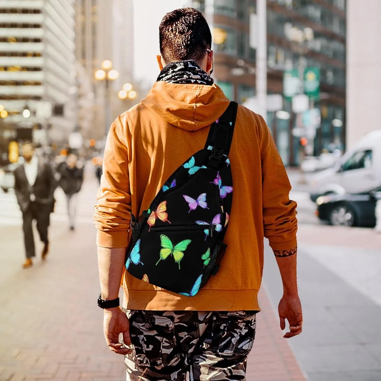 Supdreamc Sling Backpack for Women Men Anti-Theft Multipurpose Gym Crossbody Sack Satchel Outdoor Hiking Bag Tote Bags, Black Colorful Monarch Butterfly Crossbody Chest Rucksack