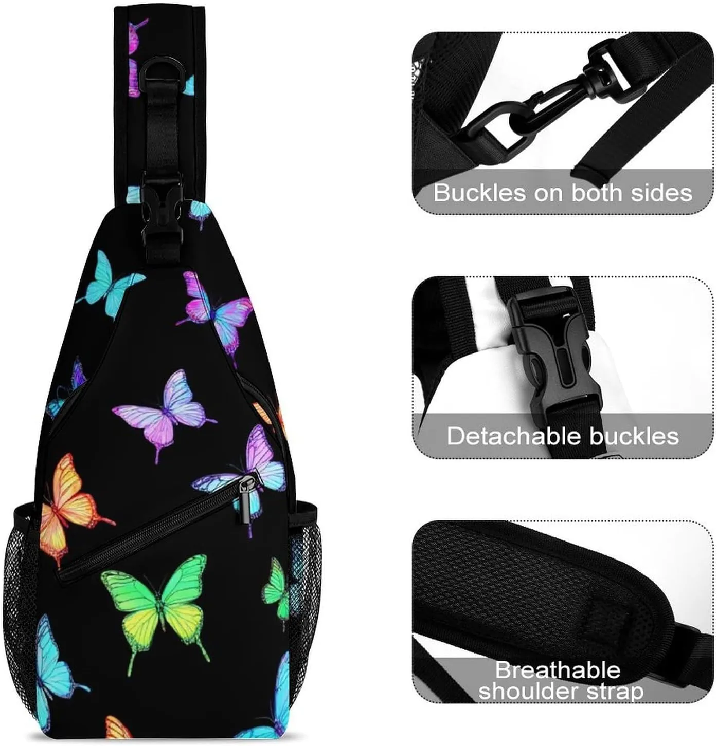 Supdreamc Sling Backpack for Women Men Anti-Theft Multipurpose Gym Crossbody Sack Satchel Outdoor Hiking Bag Tote Bags, Black Colorful Monarch Butterfly Crossbody Chest Rucksack