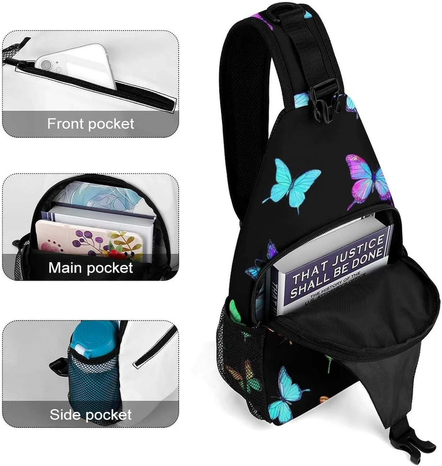 Supdreamc Sling Backpack for Women Men Anti-Theft Multipurpose Gym Crossbody Sack Satchel Outdoor Hiking Bag Tote Bags, Black Colorful Monarch Butterfly Crossbody Chest Rucksack
