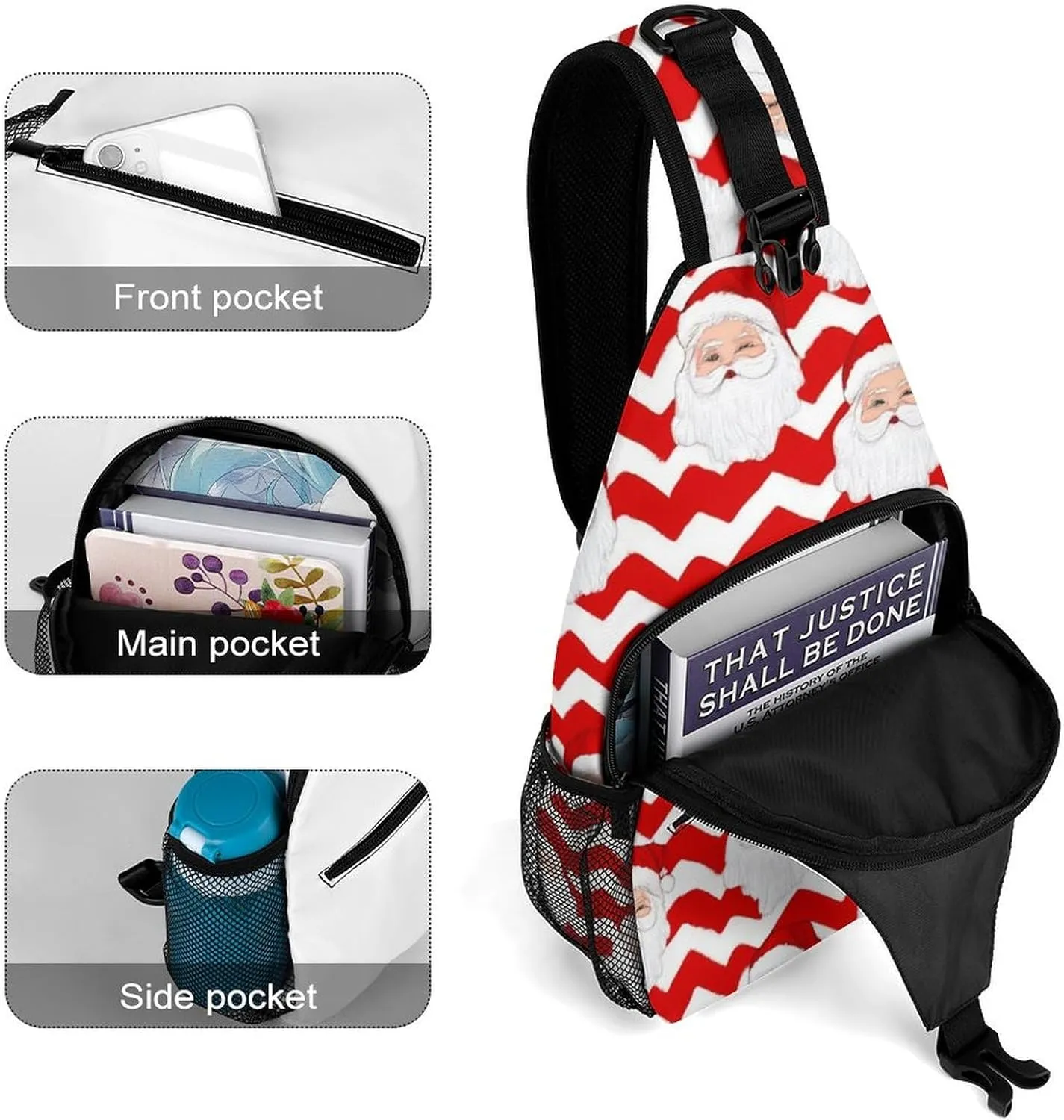 Supdreamc Sling Shoulder Backpack for Women Men Anti-Theft Multipurpose Satchel Bookbags Travel Rucksack Daypack Camera Case, Christmas Santa Claus Red Crossbody Daypacks
