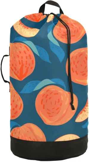 susiyo Peaches Juicy Fruit on Blue Laundry Bag with Shoulder Straps Large Drawstring Laundry Bag for Dorm Apartment