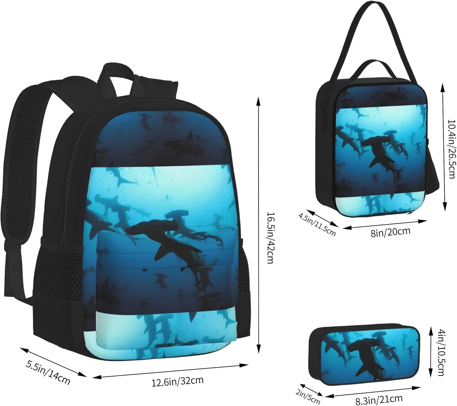 SWEET TANG School Backpack 3 Pcs Set For Boys Bookbag Bag For Elementary Middle High Teenagers(Hammerhead Sharks)