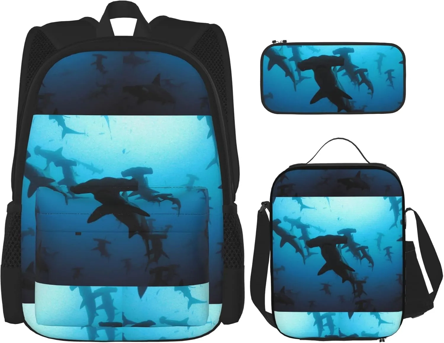 SWEET TANG School Backpack 3 Pcs Set For Boys Bookbag Bag For Elementary Middle High Teenagers(Hammerhead Sharks)
