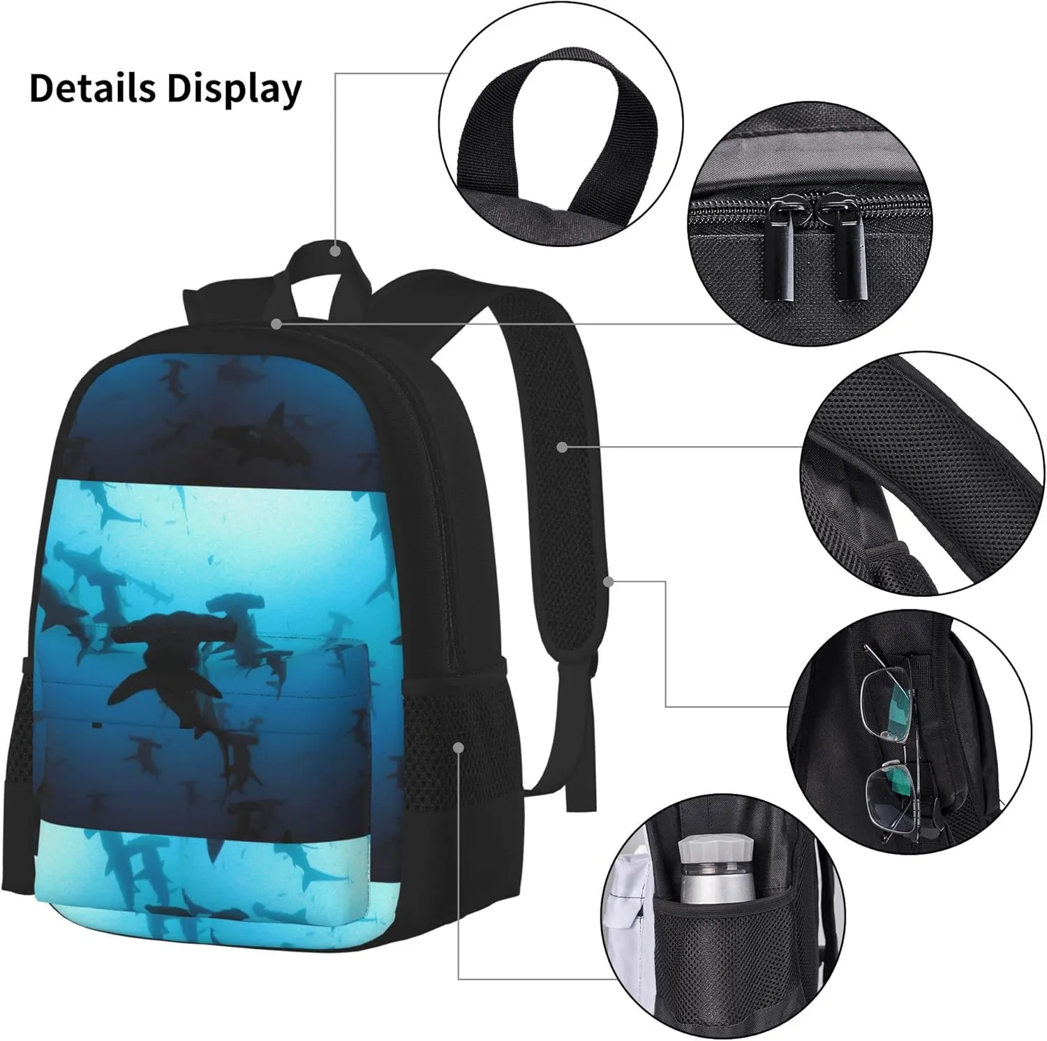 SWEET TANG School Backpack 3 Pcs Set For Boys Bookbag Bag For Elementary Middle High Teenagers(Hammerhead Sharks)