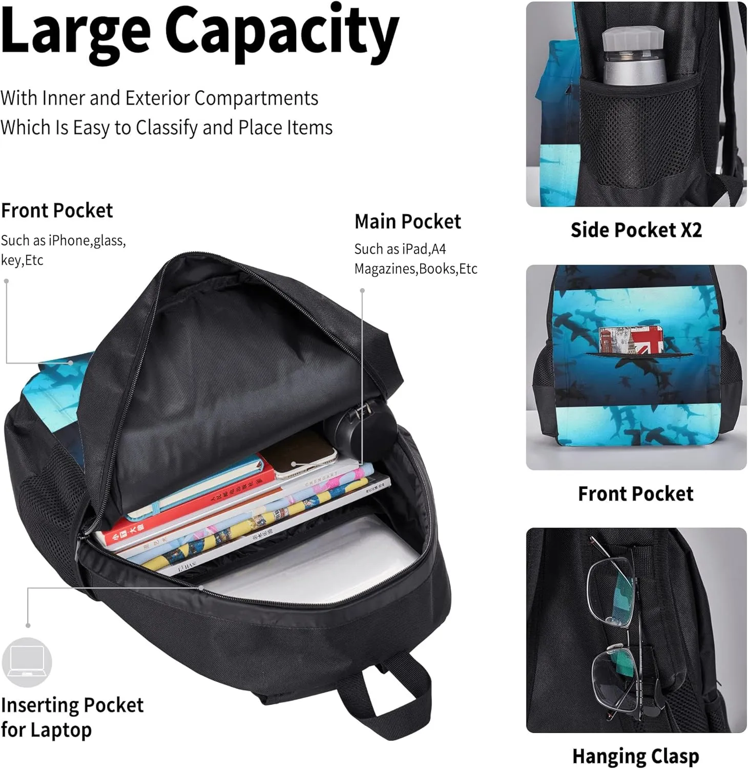 SWEET TANG School Backpack 3 Pcs Set For Boys Bookbag Bag For Elementary Middle High Teenagers(Hammerhead Sharks)