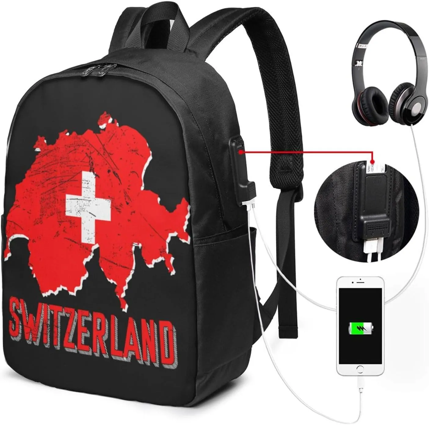 Switzerland Swiss Flag Map Laptop Backpacks Travel Backpack Casual Business Daypack Sport Rucksack Computer Bag Fits up to 17 Inch Notebook with USB Port
