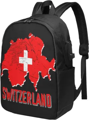 Switzerland Swiss Flag Map Laptop Backpacks Travel Backpack Casual Business Daypack Sport Rucksack Computer Bag Fits up to 17 Inch Notebook with USB Port