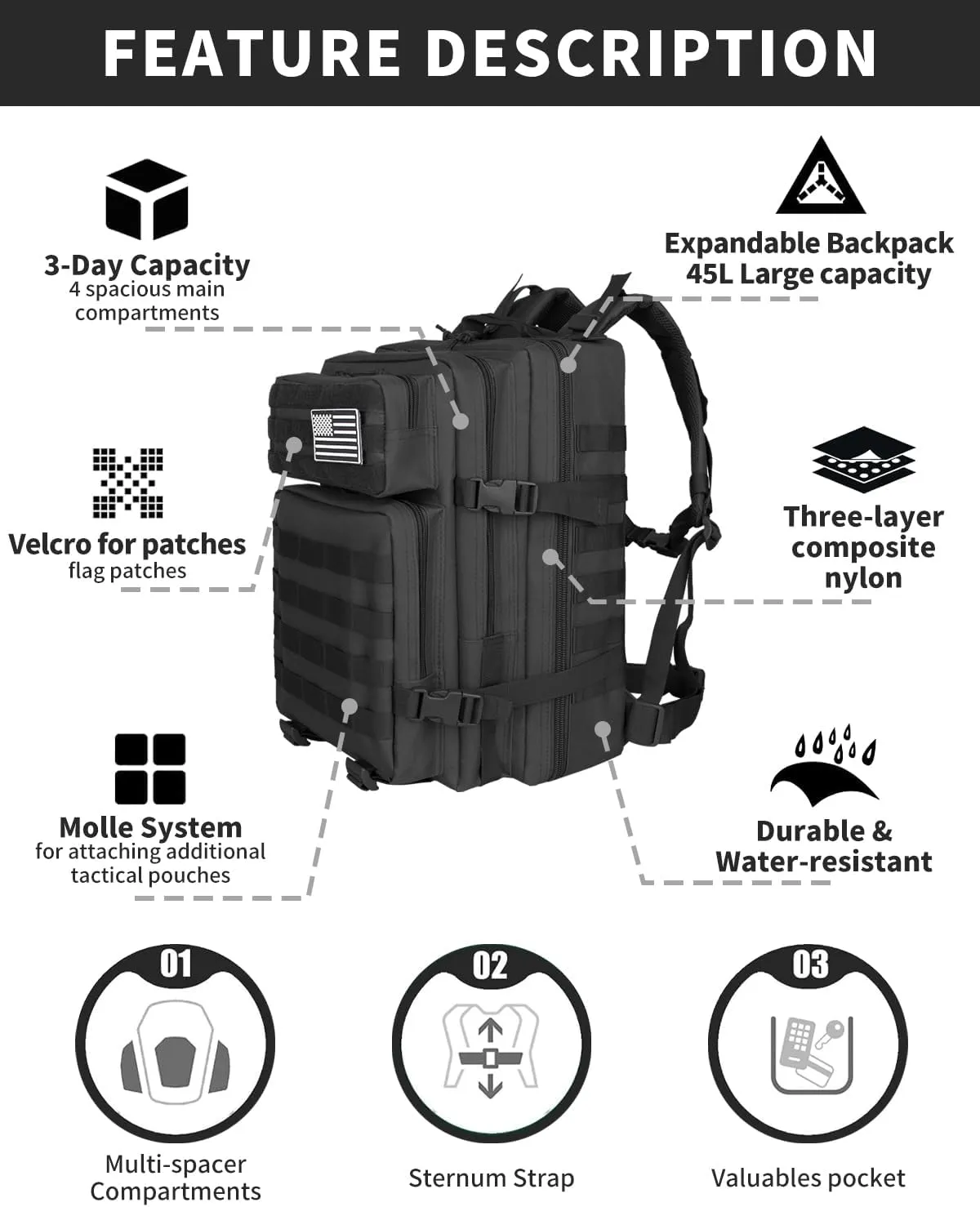 Tactical Backpack - 25L/35L/45L Military Tactical Backpack For Men Molle Daypack 3 Day Bug Out Bag Hiking Rucksack With Bottle Holder 35L Black Backpacks