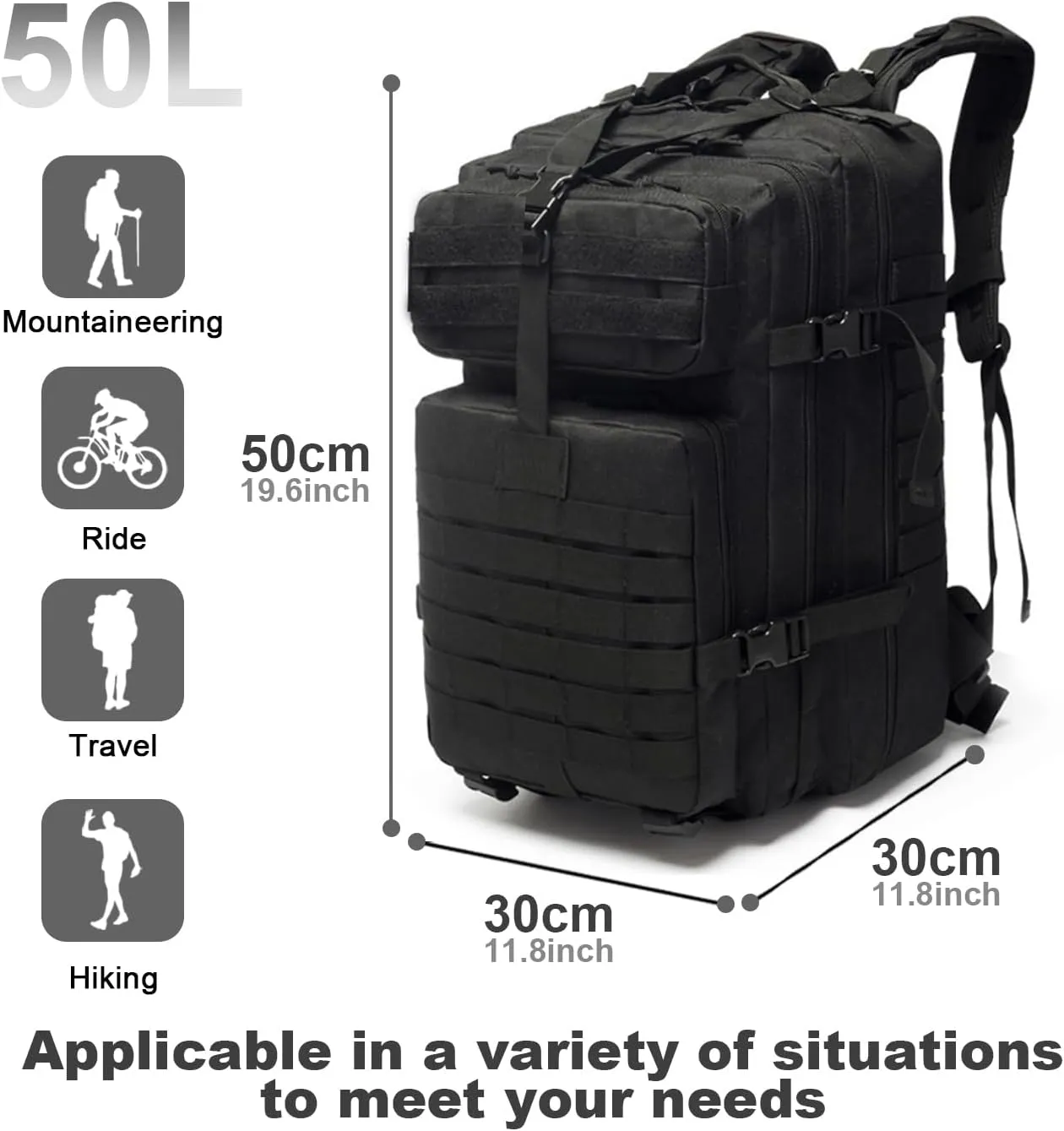Tactical Military Backpack for Man, 50L Waterproof Army Pack Rucksack Hiking Laptop Backpack 3 Day Bug Out Bag, Includes Two Flags and Two Carabiner