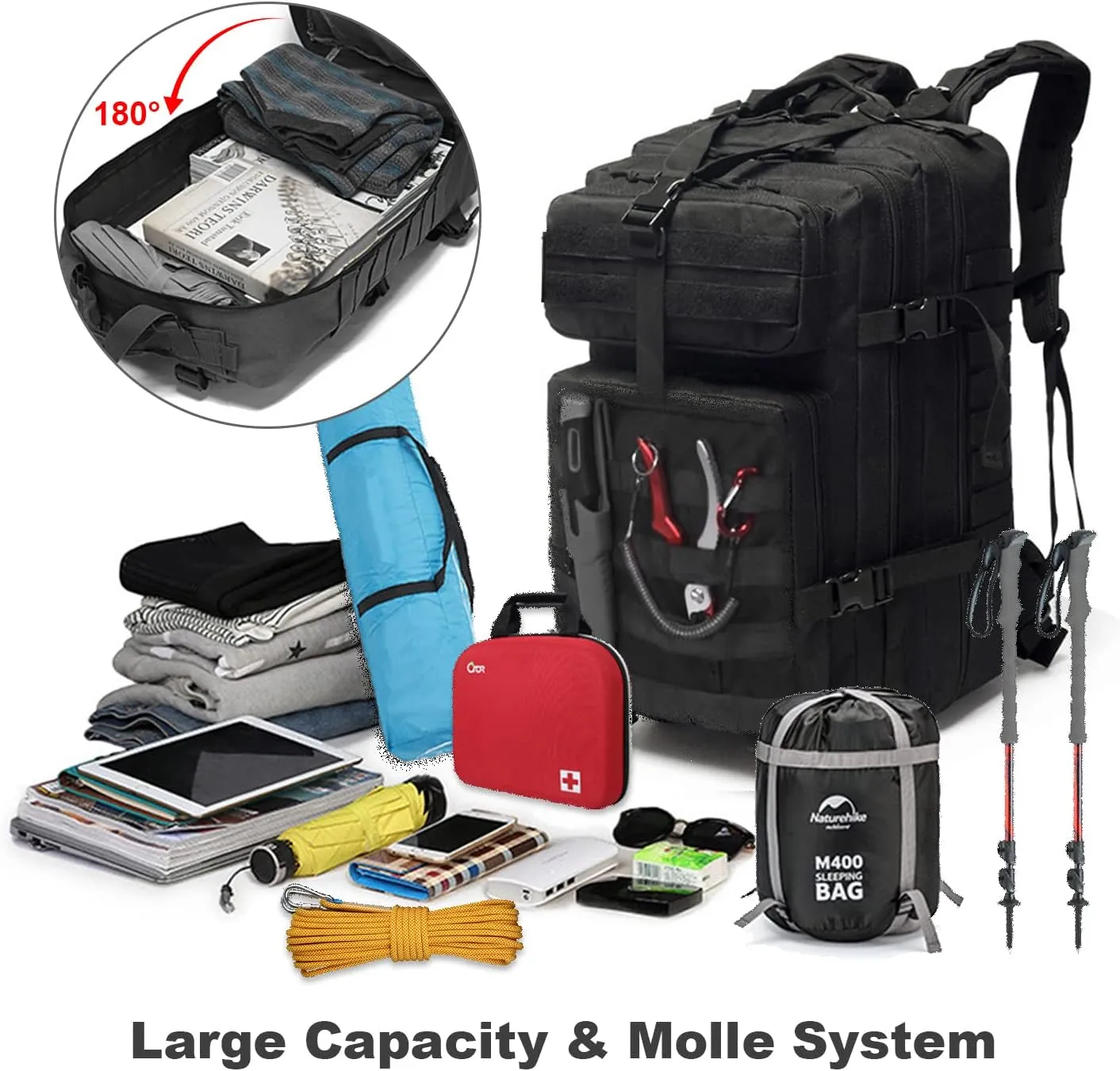 Tactical Military Backpack for Man, 50L Waterproof Army Pack Rucksack Hiking Laptop Backpack 3 Day Bug Out Bag, Includes Two Flags and Two Carabiner