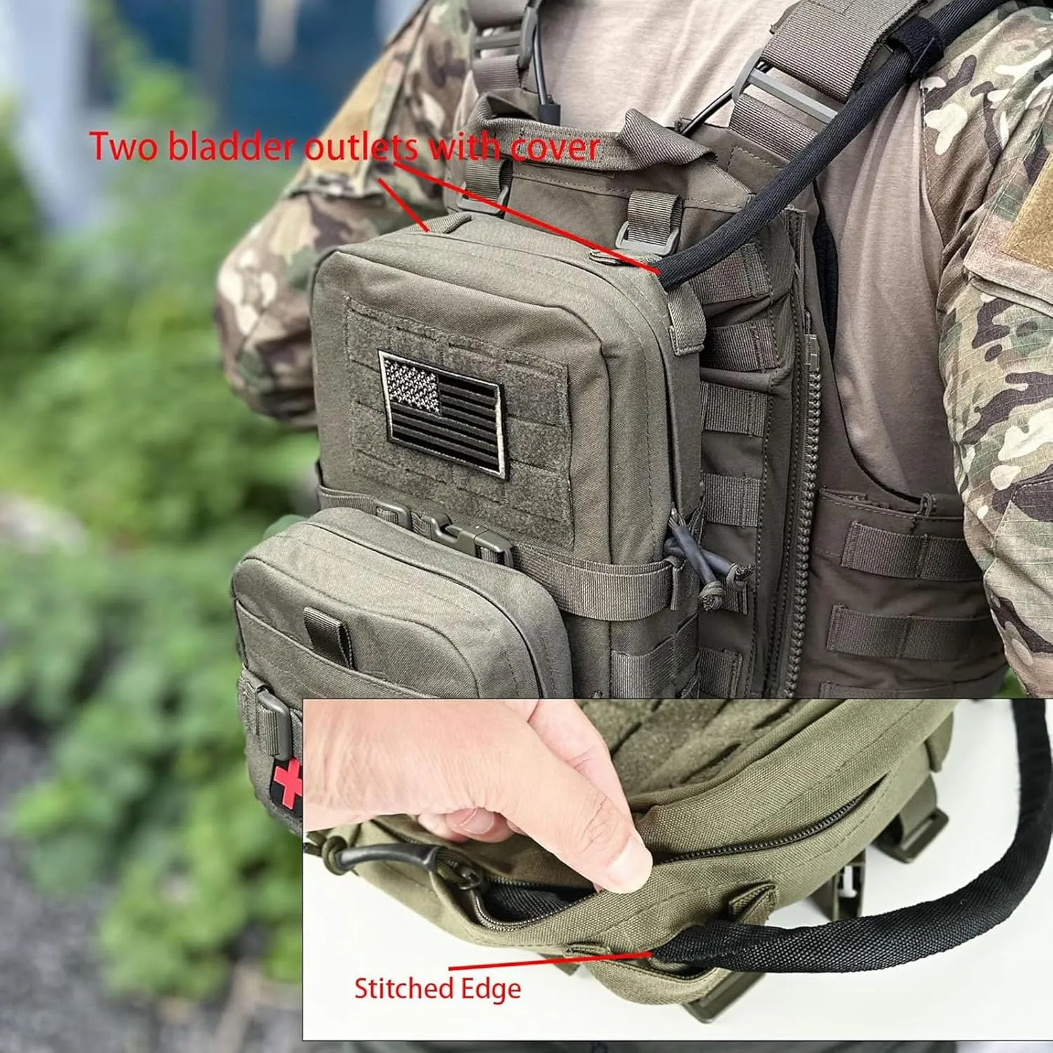 Tactical Mini Molle Hydration Pack,Molle Hydration Carrier with IFAK Pouch&US Flag&Med Patch,Hydropack for 2L Water Bladder