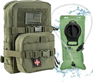 Tactical Mini Molle Hydration Pack,Molle Hydration Carrier with IFAK Pouch&US Flag&Med Patch,Hydropack for 2L Water Bladder