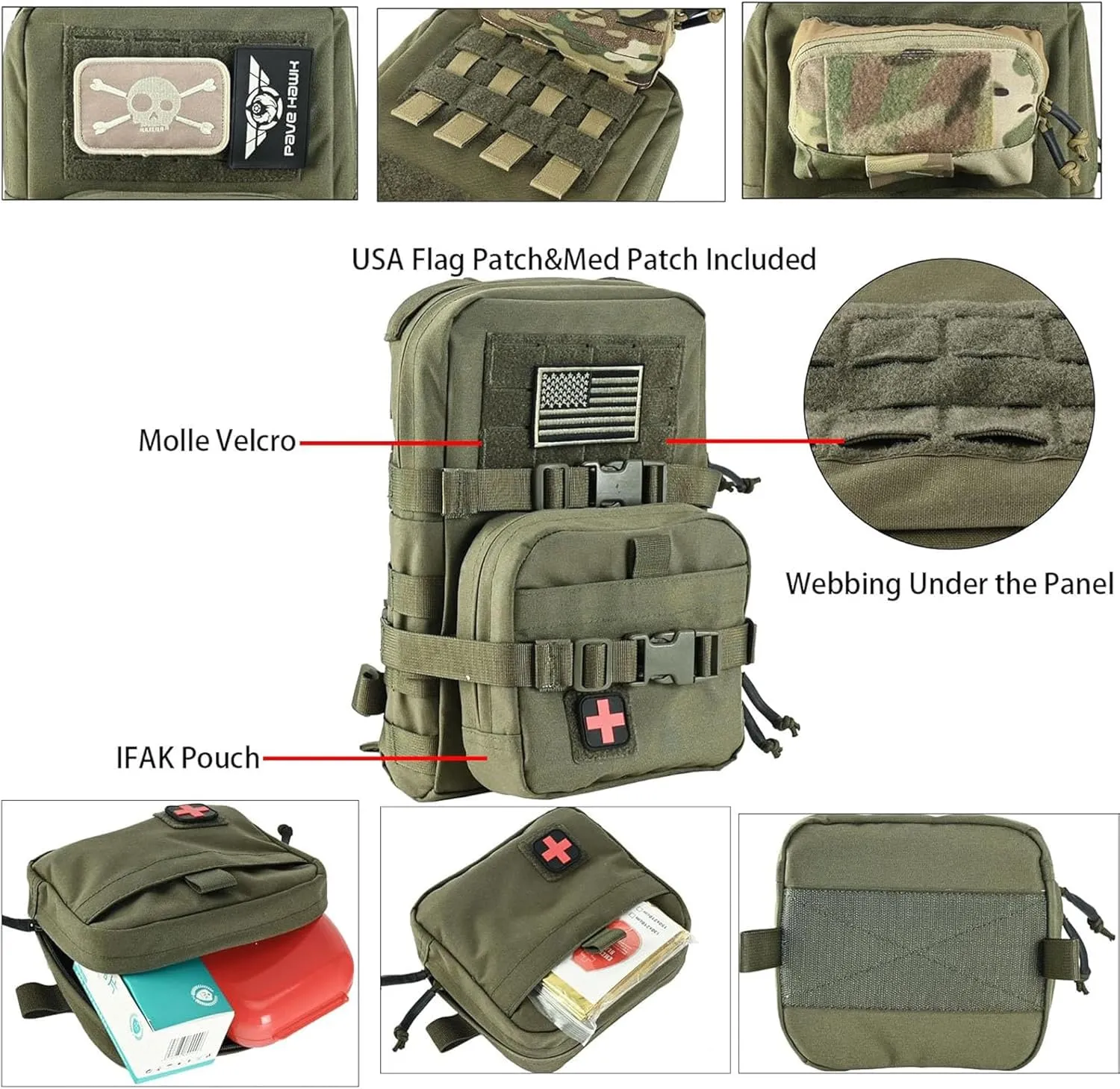 Tactical Mini Molle Hydration Pack,Molle Hydration Carrier with IFAK Pouch&US Flag&Med Patch,Hydropack for 2L Water Bladder
