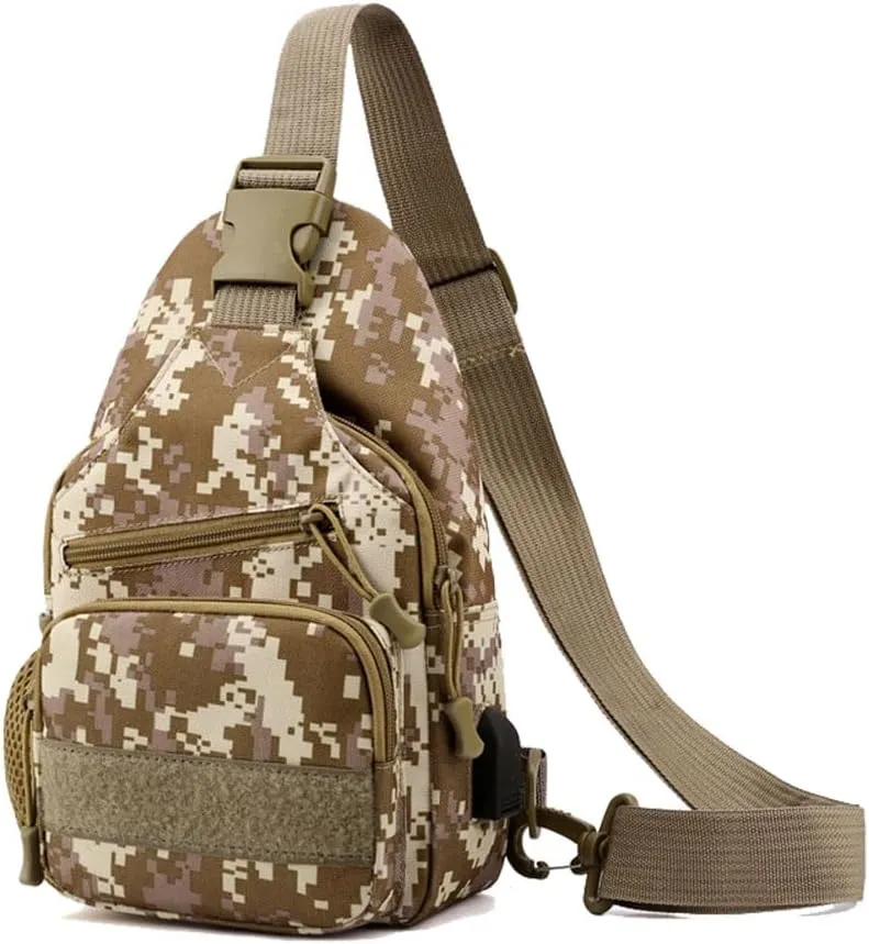 Tactical Sling Backpack for Men, Multifunctional Gym Cycling Shoulder Bag with USB Charging Port, Travel Crossbody Bag (Camouflage Brown)
