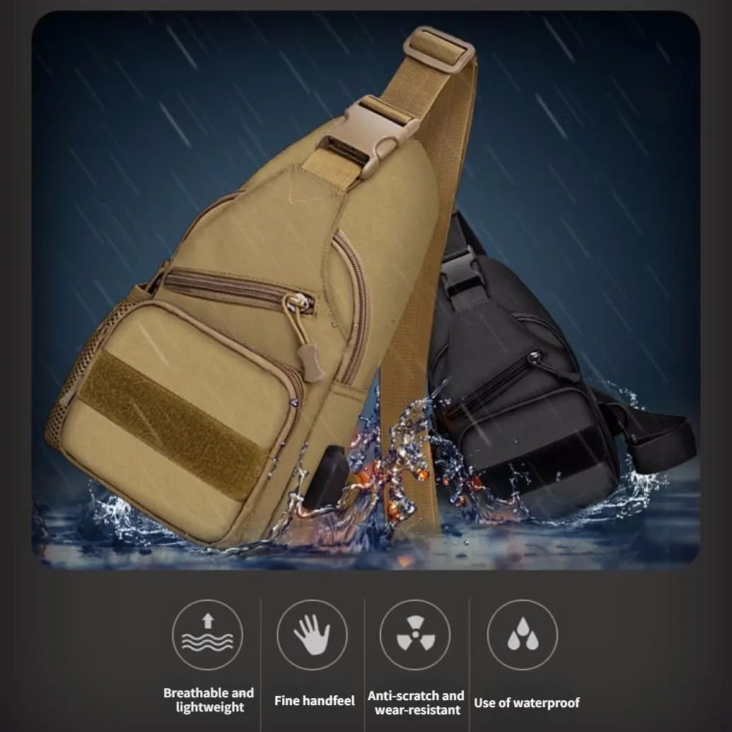 Tactical Sling Backpack for Men, Multifunctional Gym Cycling Shoulder Bag with USB Charging Port, Travel Crossbody Bag (Camouflage Brown)