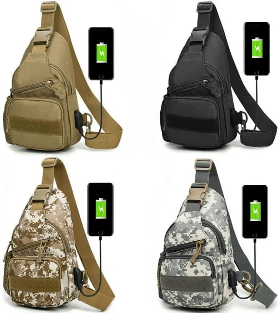 Tactical Sling Backpack for Men, Multifunctional Gym Cycling Shoulder Bag with USB Charging Port, Travel Crossbody Bag (Camouflage Brown)