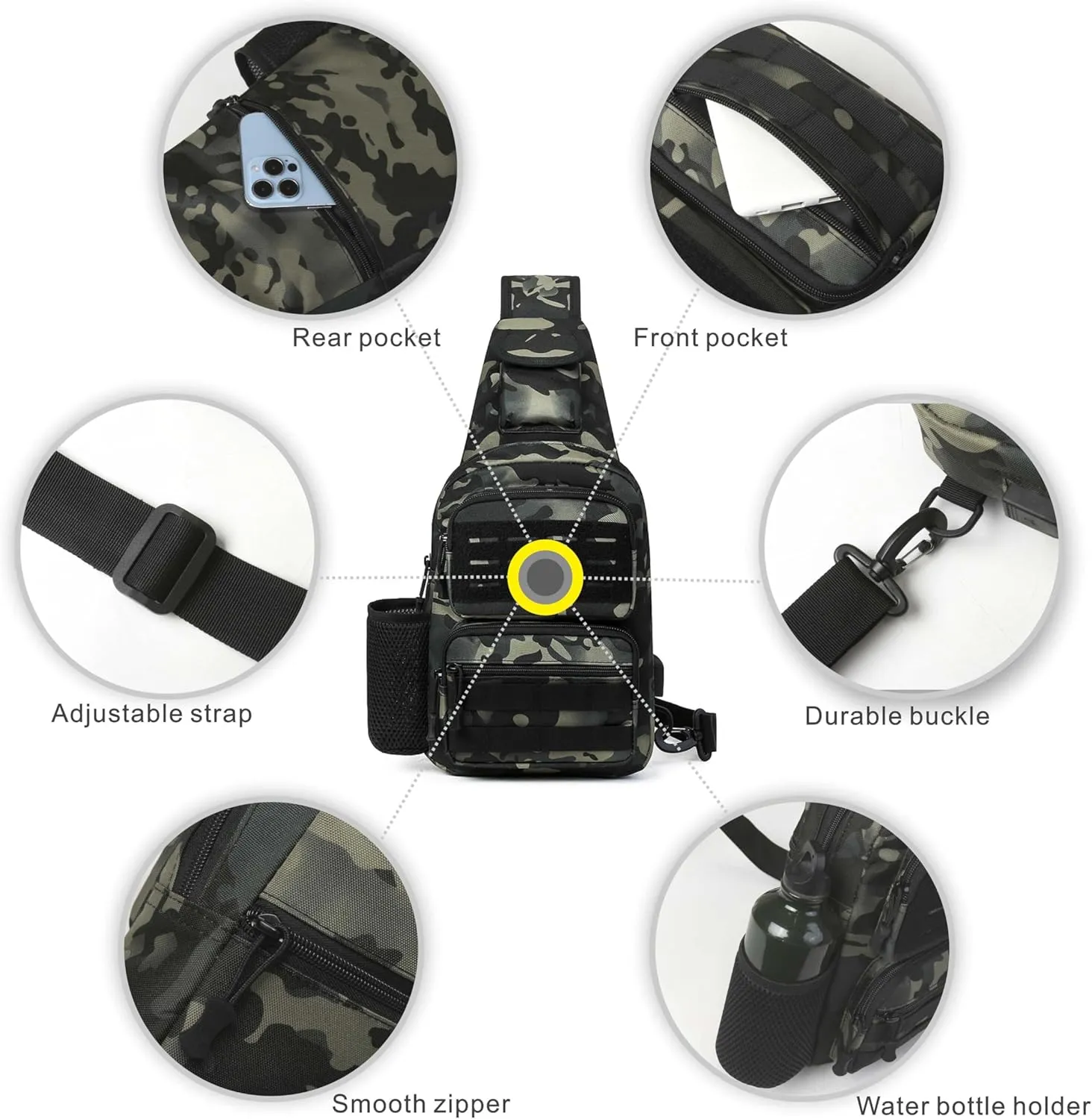 Tactical Sling Bag for Men Molle Utility Shoulder Bag Chest Pack Crossbody Backpack for Hiking Hunting (Black CP)