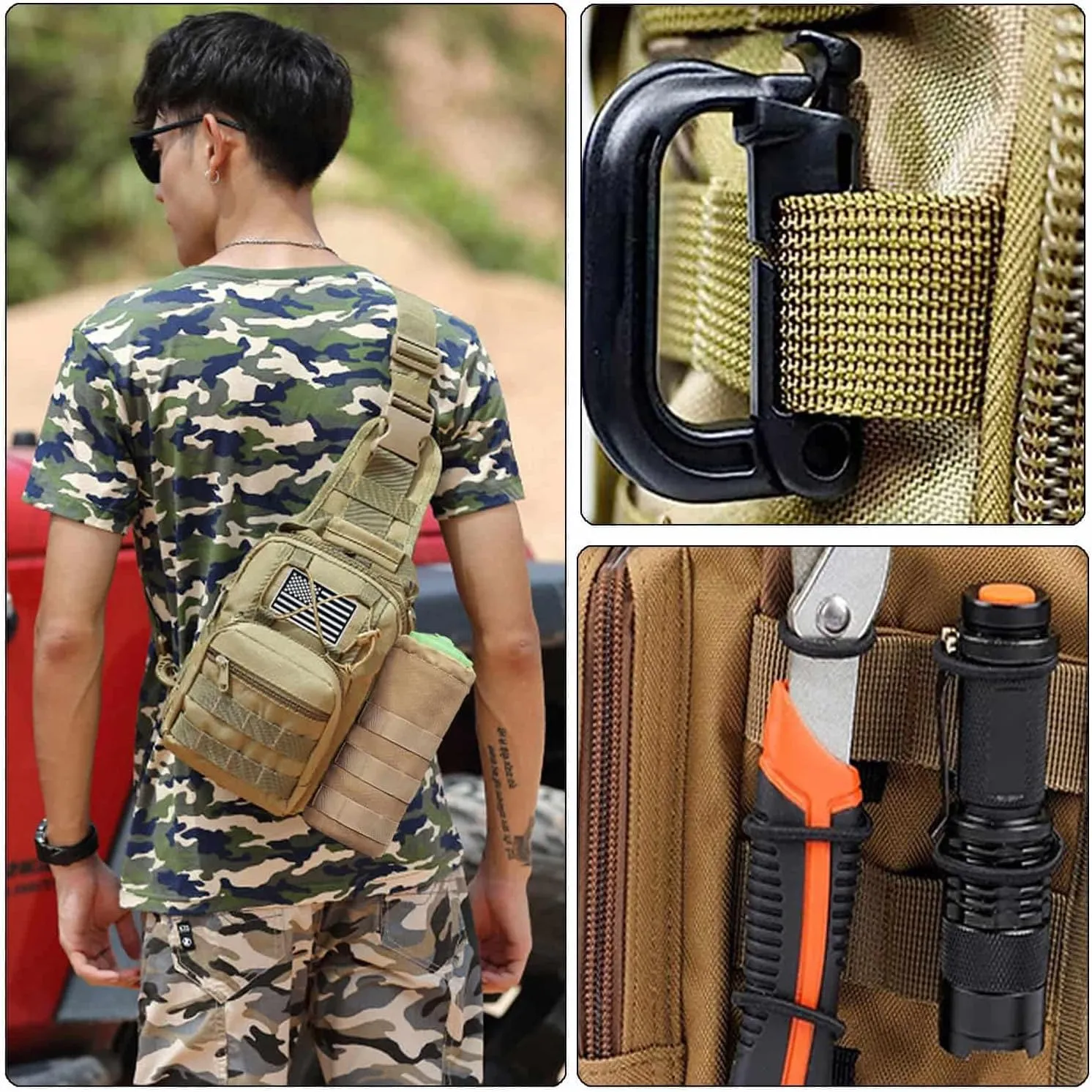 Tactical Sling Bag for Men，Tactical Shoulder Bag，Small Tactical Bag for Men (Khaki)