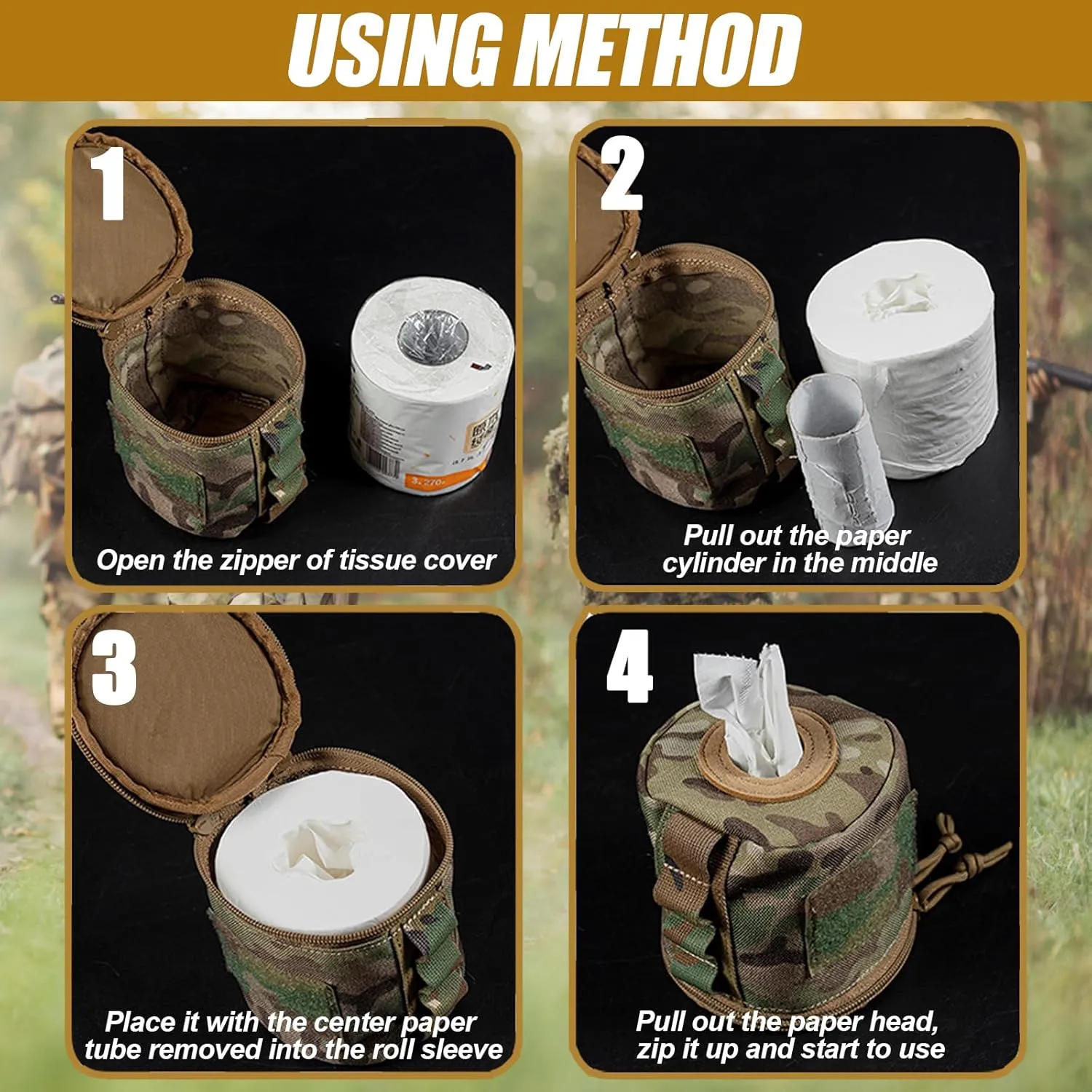 Tactical Toilet Paper Cover Waterproof Cat Proof Towel Holder Roll Paper Case Cover Portable and Foldable Paper Storage Bag with Molle Mount Webbing for Car Camping Outdoor Tent Travel