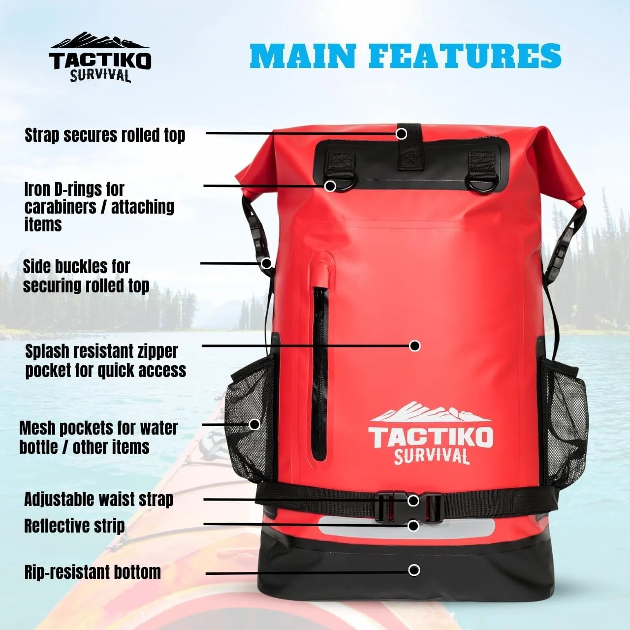 TACTIKO 30L Heavy-Duty 100% Waterproof Backpack, Roll Top Dry Bags for Kayaking, Hiking, Camping, Survival