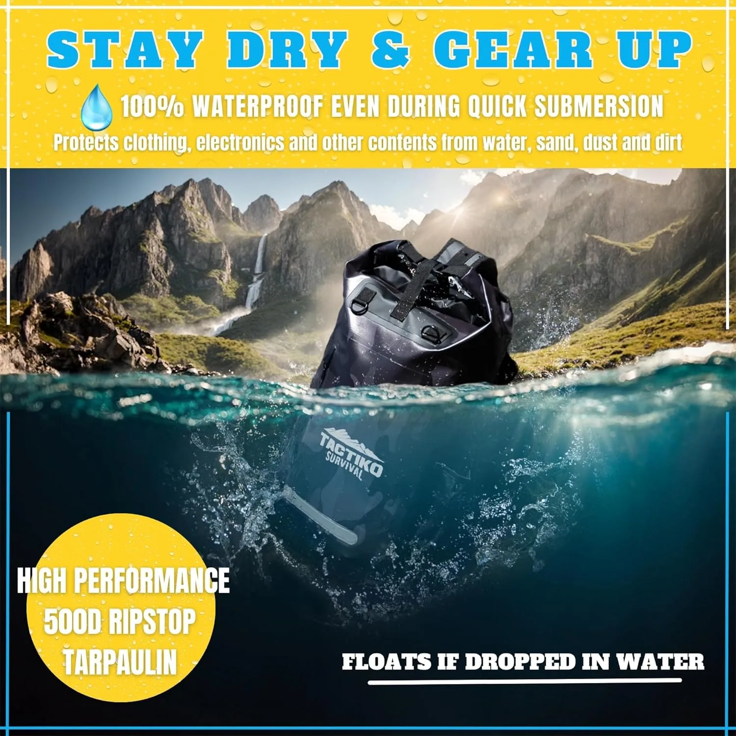 TACTIKO 30L Heavy-Duty 100% Waterproof Backpack, Roll Top Dry Bags for Kayaking, Hiking, Camping, Survival