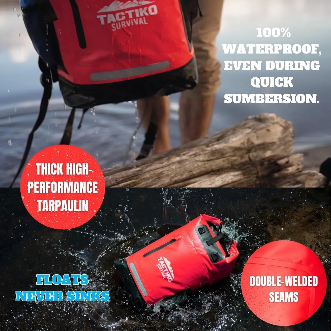 TACTIKO 30L Heavy-Duty 100% Waterproof Backpack, Roll Top Dry Bags for Kayaking, Hiking, Camping, Survival