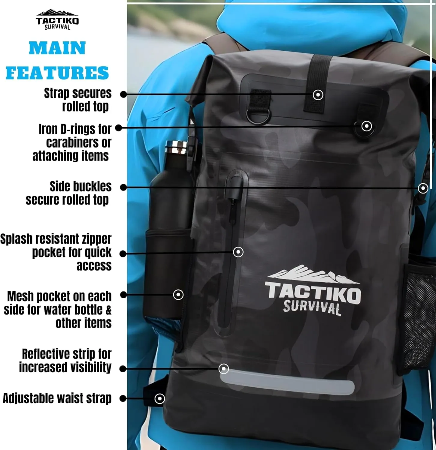 TACTIKO 30L Heavy-Duty 100% Waterproof Backpack, Roll Top Dry Bags for Kayaking, Hiking, Camping, Survival