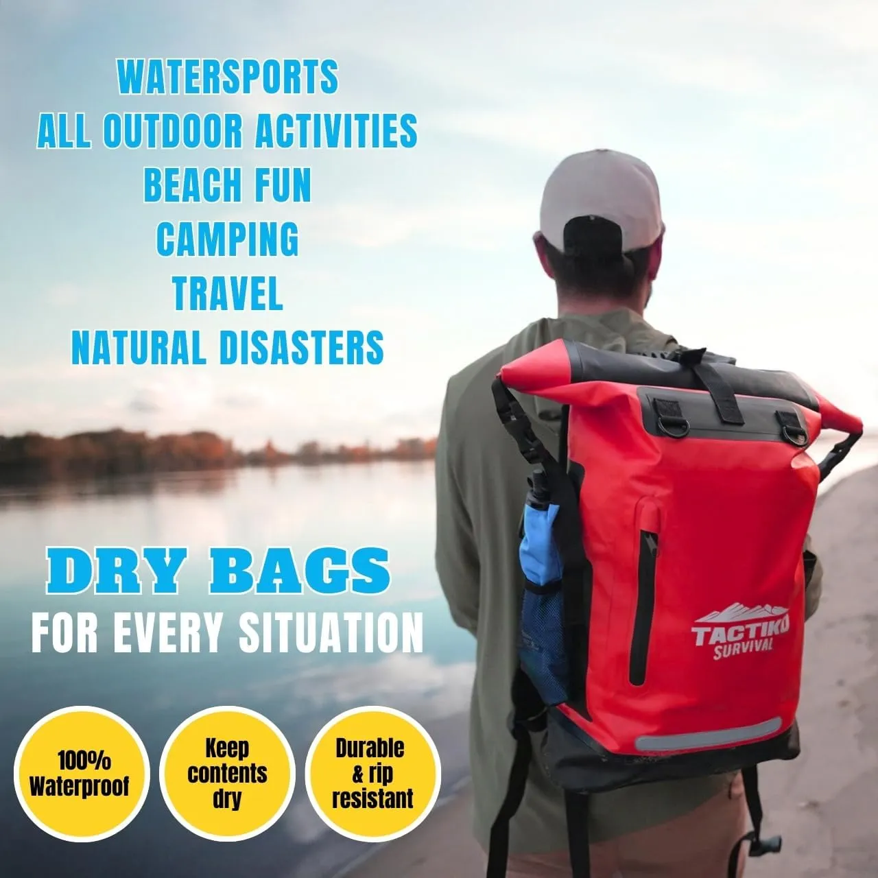 TACTIKO 30L Heavy-Duty 100% Waterproof Backpack, Roll Top Dry Bags for Kayaking, Hiking, Camping, Survival