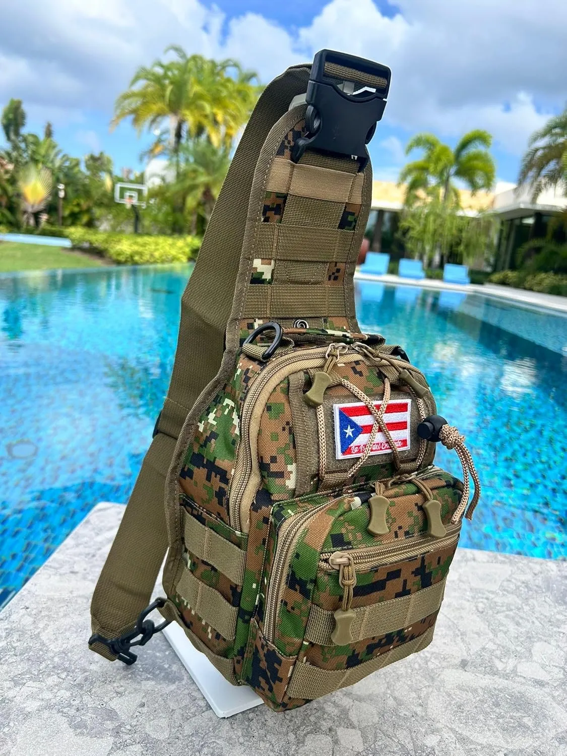 TAINOWEARS Tactical Sling Bag - Durable Polyester Nylon Shoulder Bag for Men, Unisex Adults & Kids, Ideal for Travelers & Students with Multiple Compartments - Banderas Design