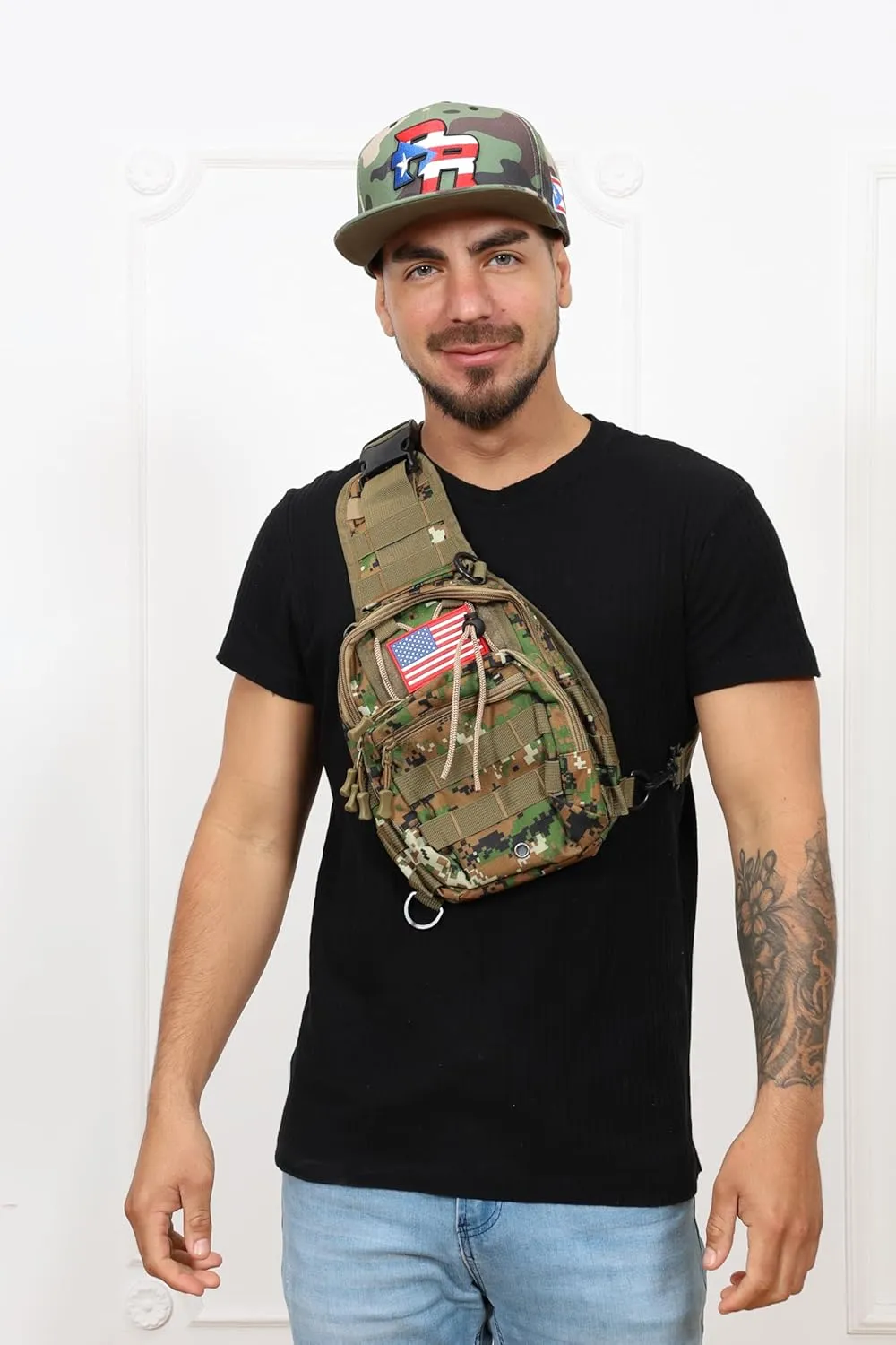 TAINOWEARS Tactical Sling Bag - Durable Polyester Nylon Shoulder Bag for Men, Unisex Adults & Kids, Ideal for Travelers & Students with Multiple Compartments - Banderas Design