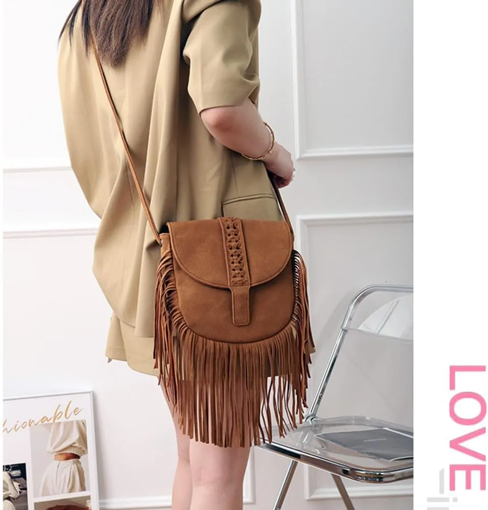 Tassels Purses for Women Frosted Suede Vegan Leather Shoulder Bag Retro Handbag Shopper Work Crossbody Satchel
