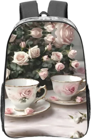 Tea Cups with Roses Romantic Shabby Print Backpack PVC Clear Bag Large Capacity Reinforced Straps Travel Work Daily Use