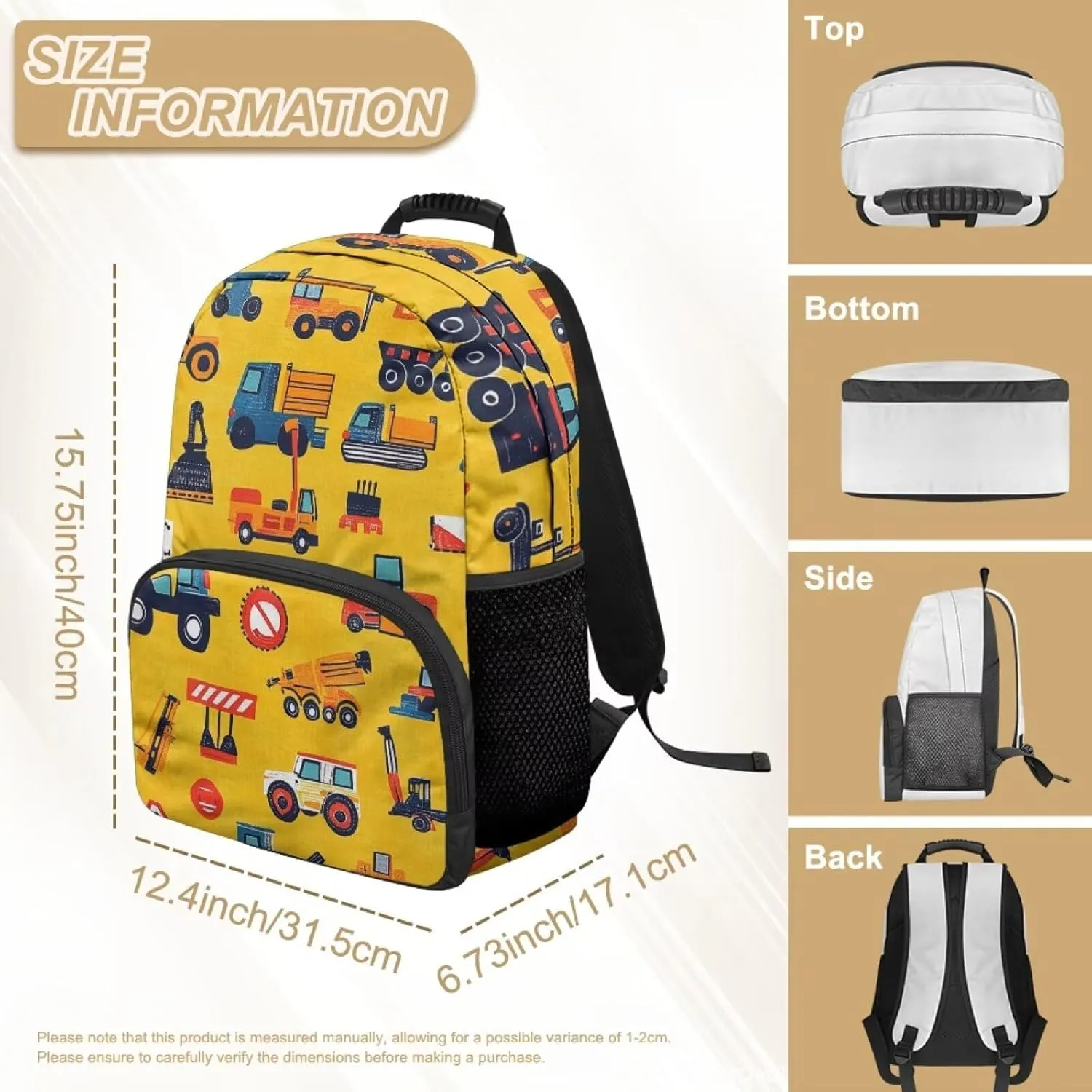 Technical Vehicle Backpack for Boys Large Capacity Bookbag with Compartment for Kids 15 Inch Polyester School Backpack Essentials for Preschool Knapsack