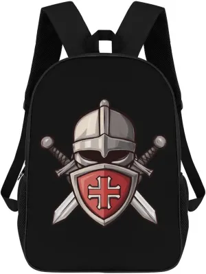 Templar Helmet Cross And Sword Medieval Crusader Travel Backpack 17 Inch Laptop Bag Carry On Backpack Casual Daypack for Weekender Business Hiking
