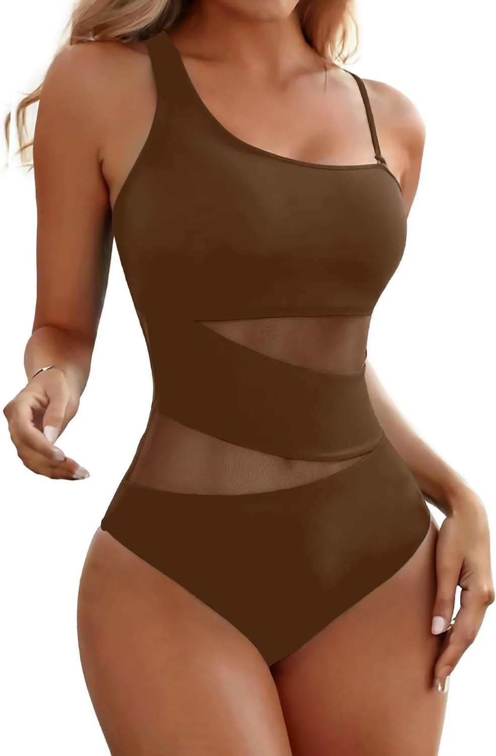 Tempt Me Women One Shoulder One Piece Swimsuits Full Coverage Cutout Mesh Sexy Bathing Suits Tummy Control Swimwear