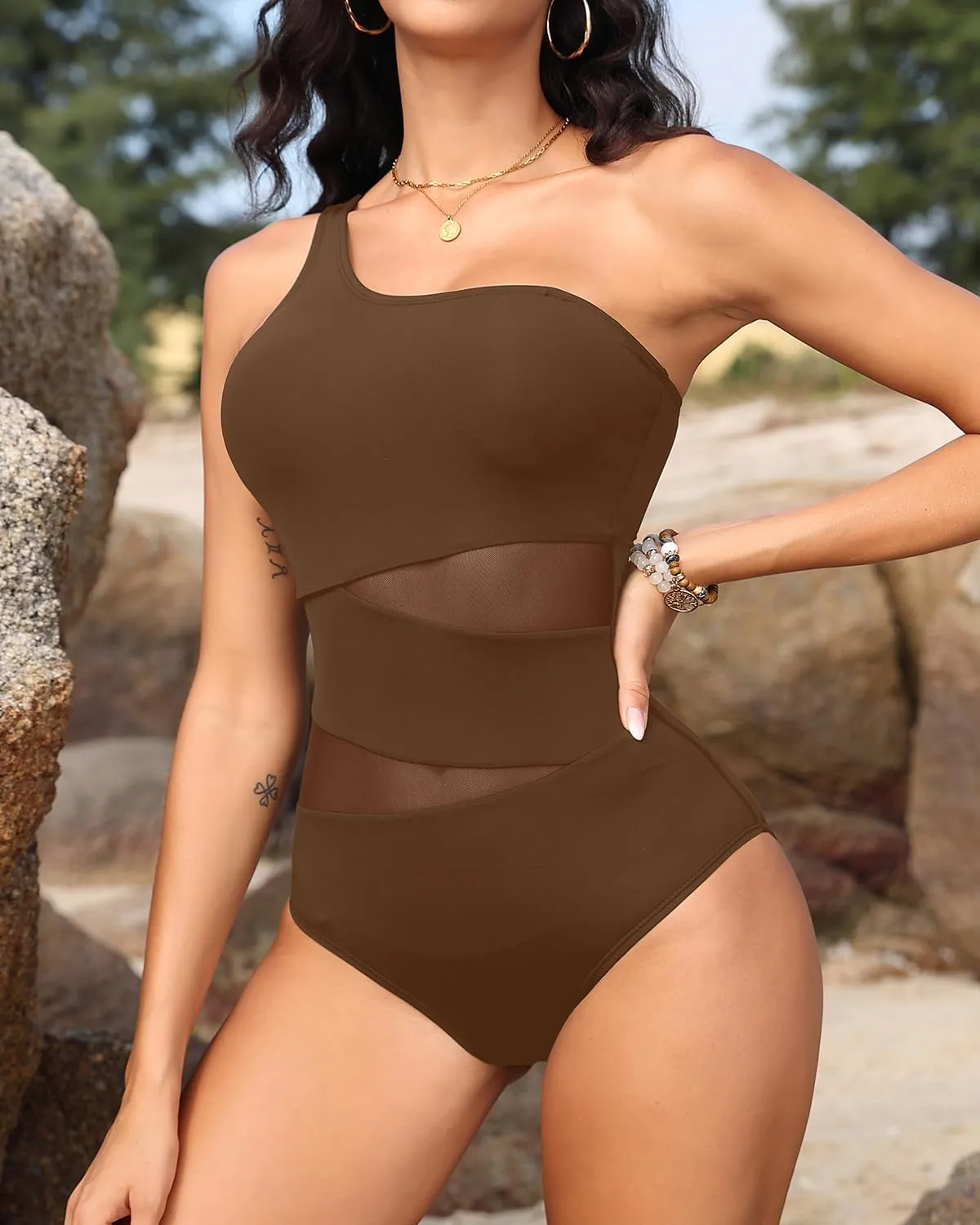 Tempt Me Women One Shoulder One Piece Swimsuits Full Coverage Cutout Mesh Sexy Bathing Suits Tummy Control Swimwear