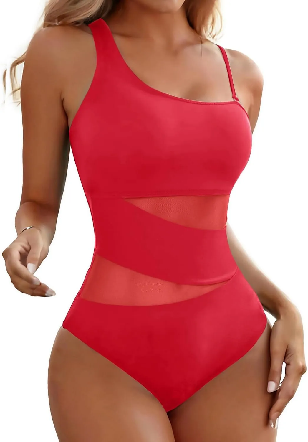 Tempt Me Women One Shoulder One Piece Swimsuits Full Coverage Cutout Mesh Sexy Bathing Suits Tummy Control Swimwear